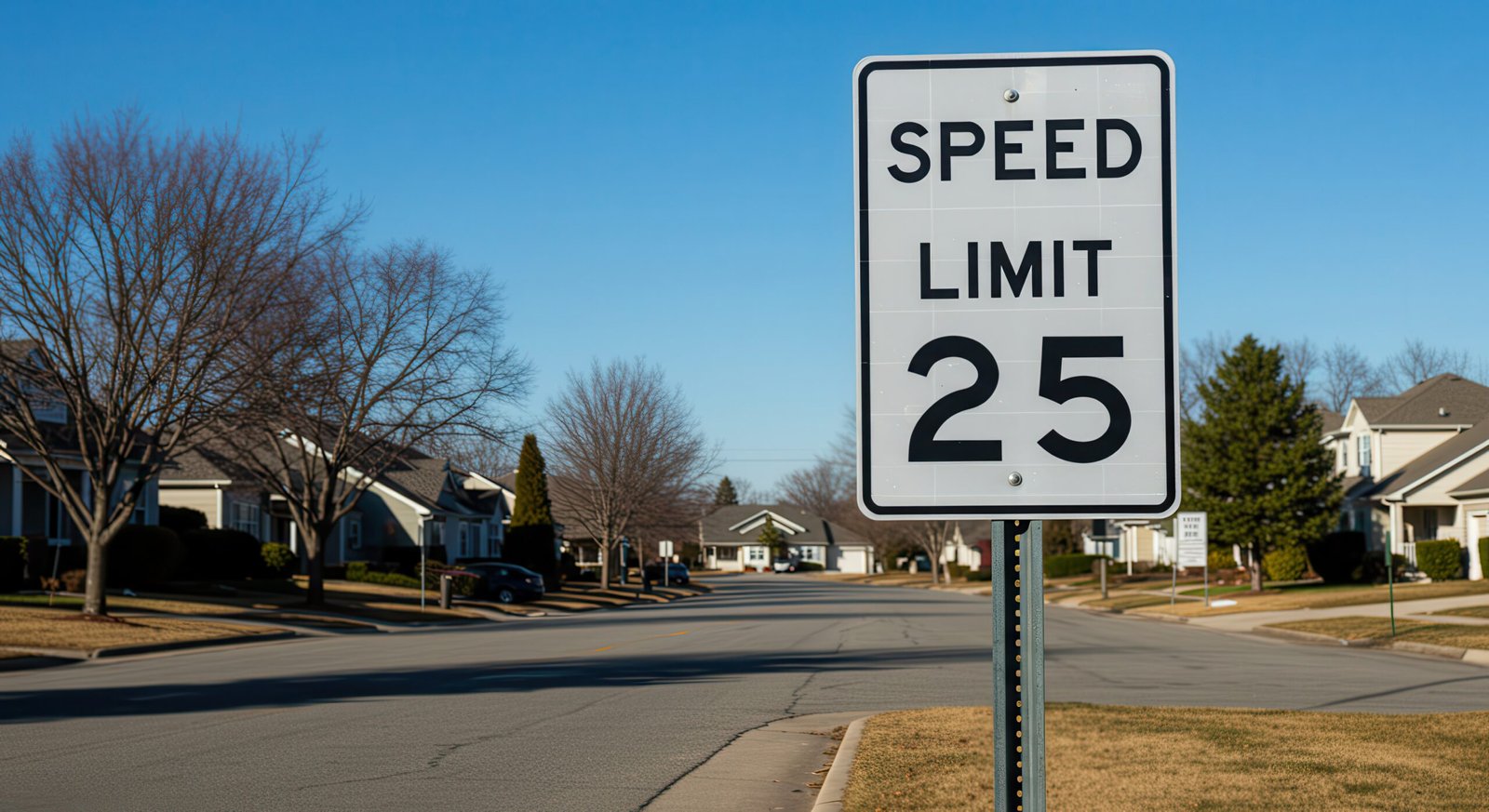 speed limit 25 sign in residential neighborhood on sunny day