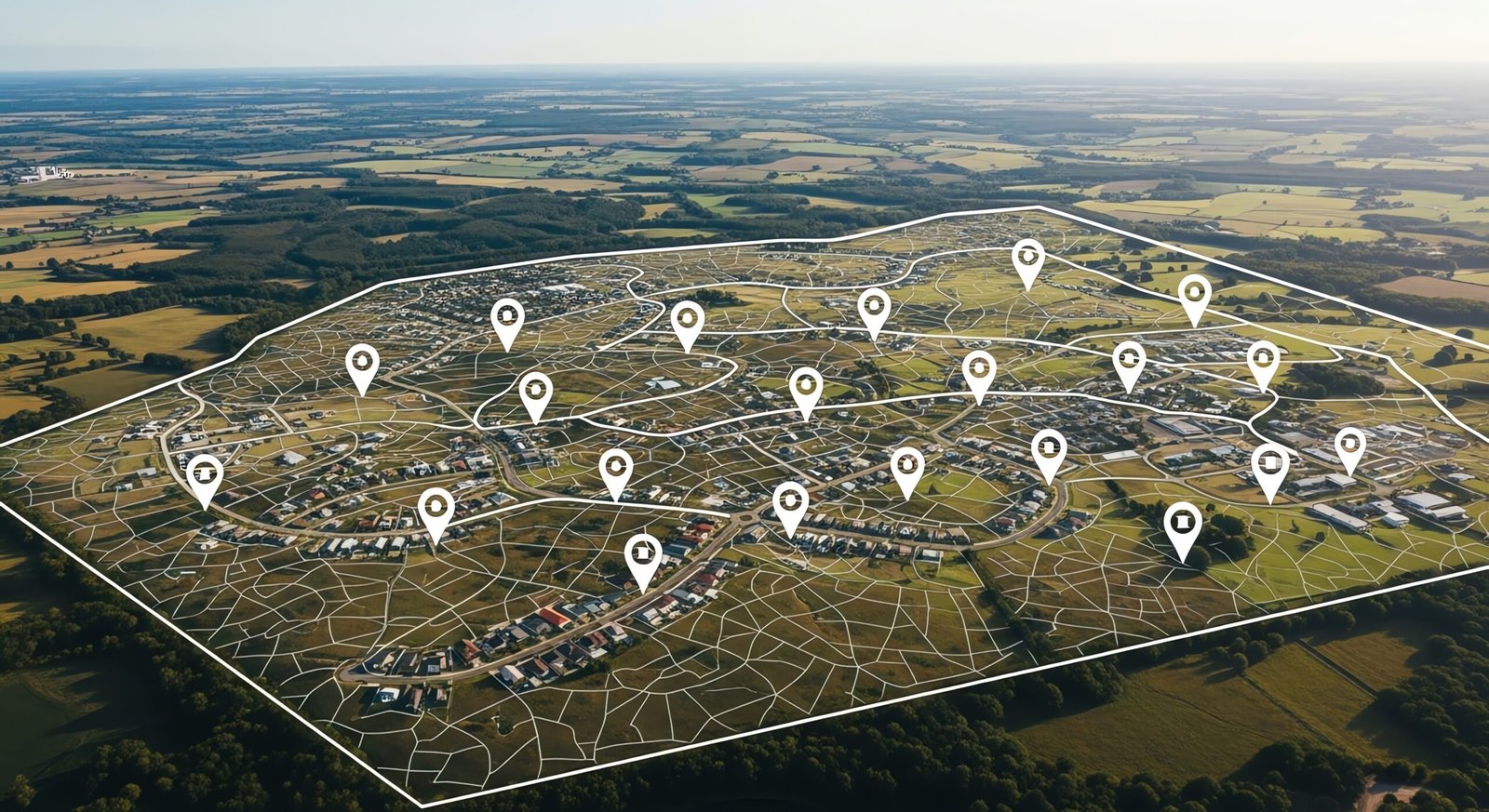 aerial view of planned residential development with pin markers