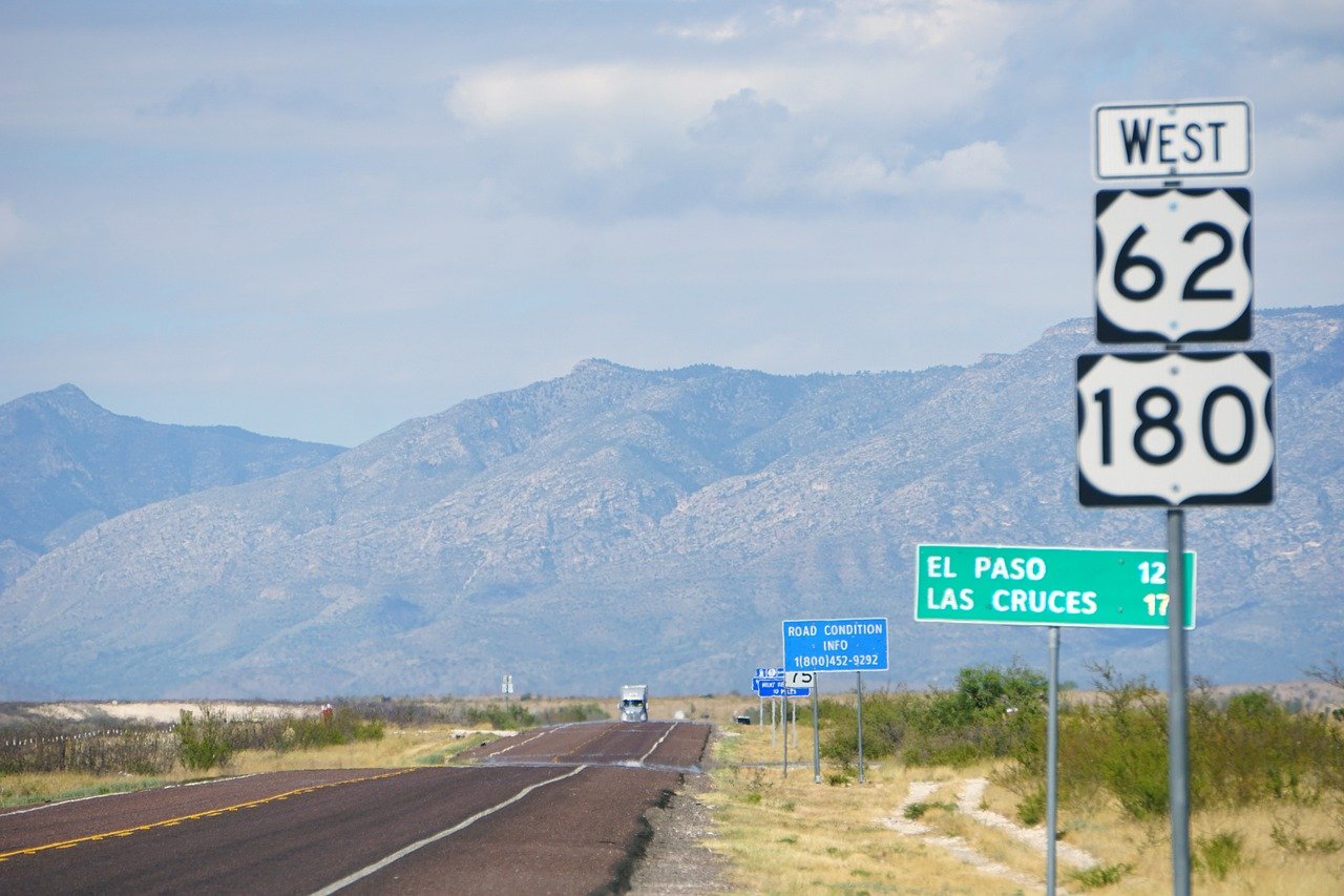 highway, road, mountains, road sign, sign, nature, guadalupe mountains, west, landscape, el paso